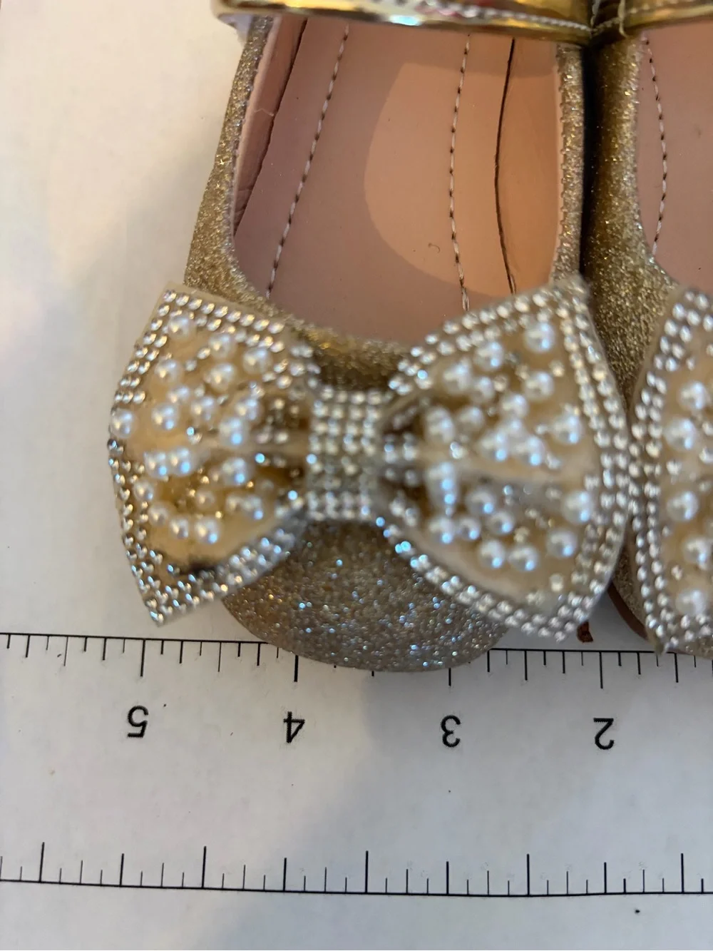Girls Gold Pearl Bow Mary Jane Flats 5.5